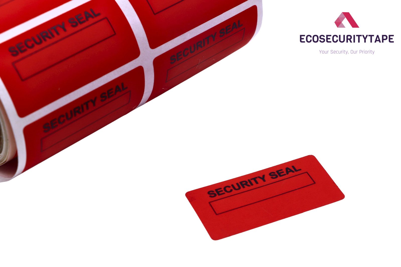 Ecosecuritytape red tamper proof stickers on roll detail