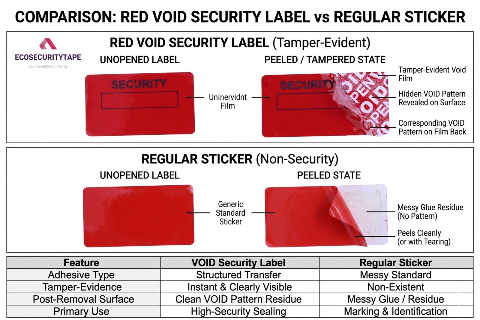 red VOID security labels vs Regular Stickers